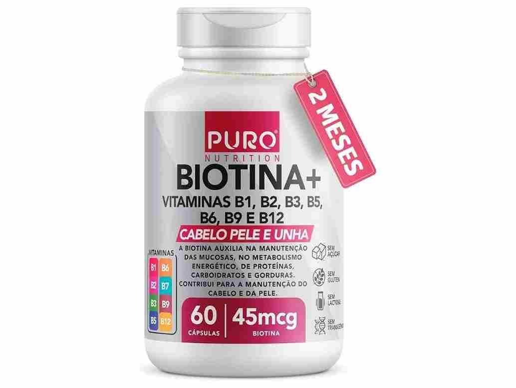 Biotina + Puro Nutrition Pele, Cabelo e Unhas, 45 mcg de Biotina por dose, Vitaminas B1, B2, B3, B5, B6, B9 e B12, 60 Cápsulas (1)