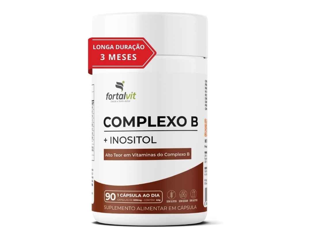 Complexo B + Inositol, Longa Duração 3 Meses de Uso, 90 cápsulas, Alta Concentração Vitaminas B1, B2, B3, B5, B6, B7, B9, B12 e Inositol, Fortalvit